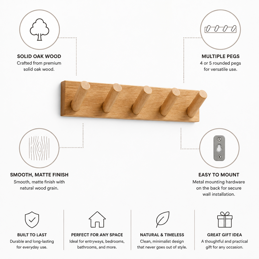 Solid Oak Rounded-Peg Wall Organizer (4- or 5-Peg)