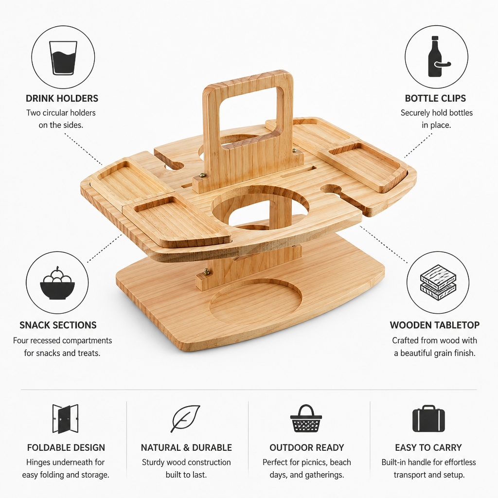 Wood-Grain Foldable Outdoor Table With Built-In Drink Holders (4 Snack Compartments)
