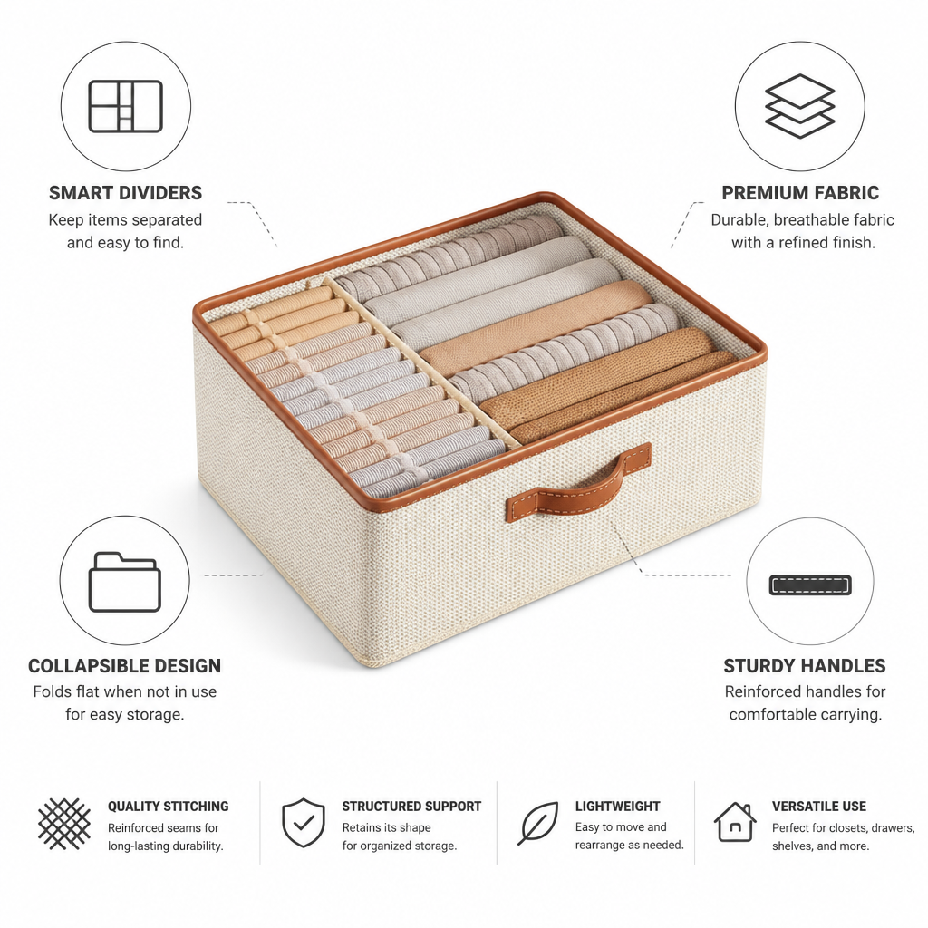 Collapsible Fabric Storage Bin with Dividers