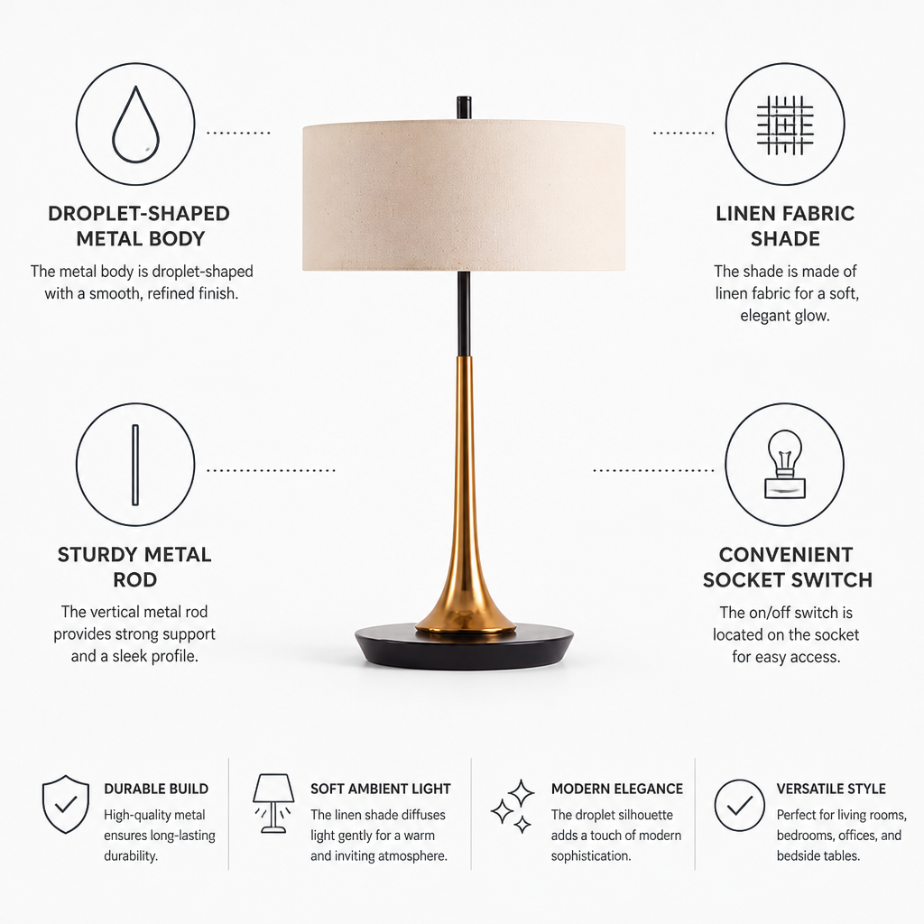 Droplet-Shaped Metal Table Lamp (Linen Shade)