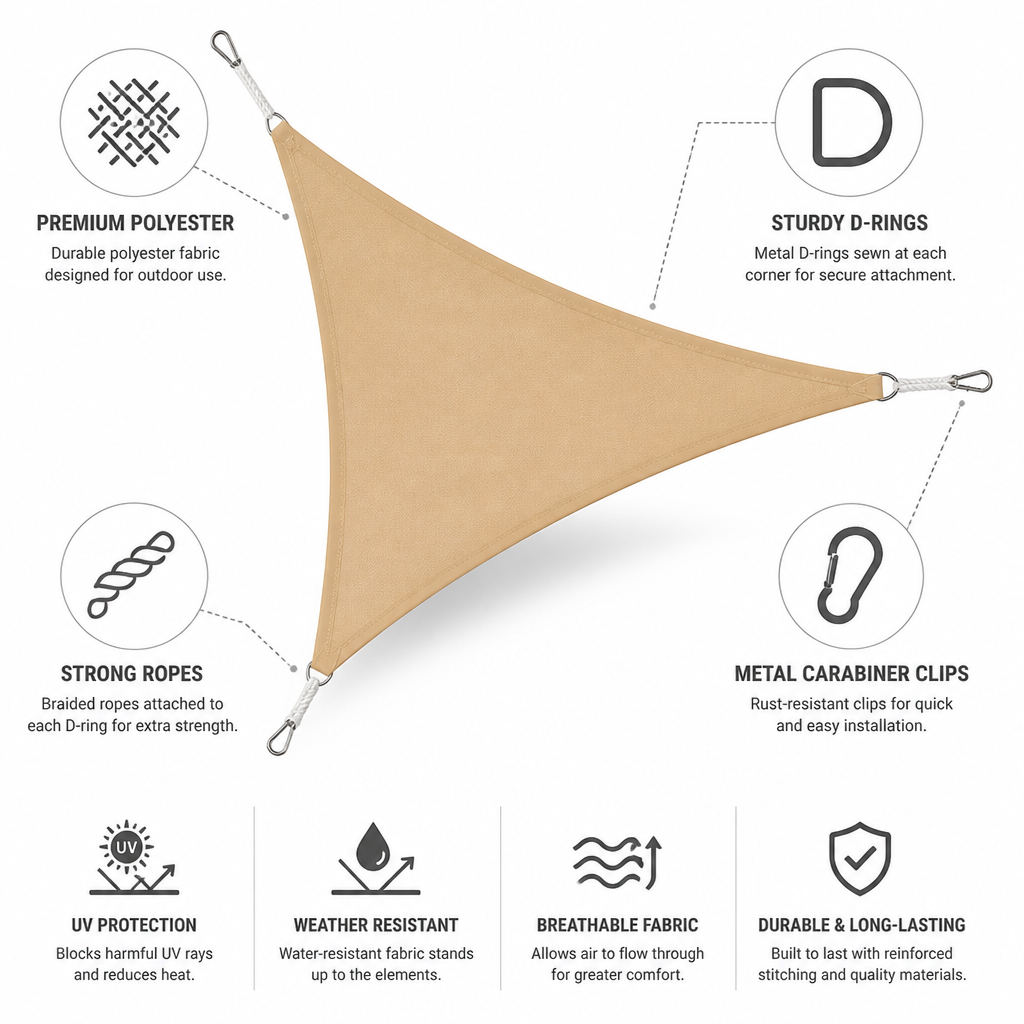 Triangular Polyester Shade Sail (Metal D-Rings & Carabiners)