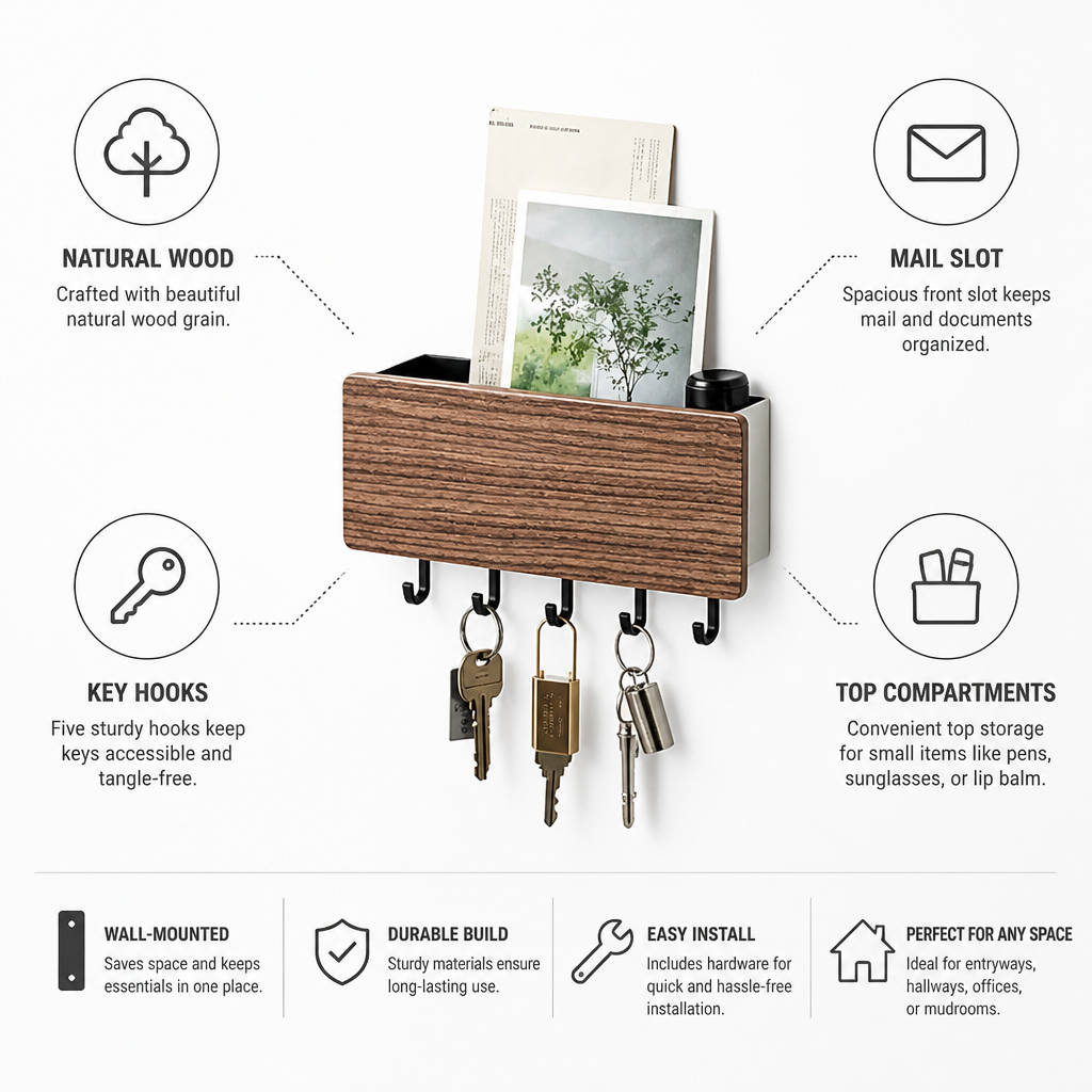 Natural Wood Wall-Mounted Key & Mail Organizer
