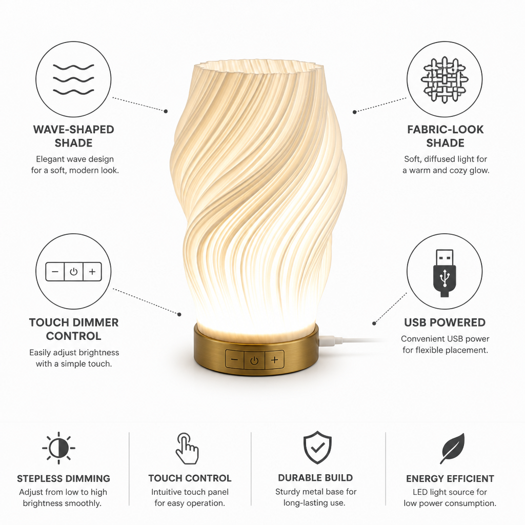 Fabric-Look Wave-Shaped Table Lamp (USB Powered, Touch Dimmer, Metal Base)