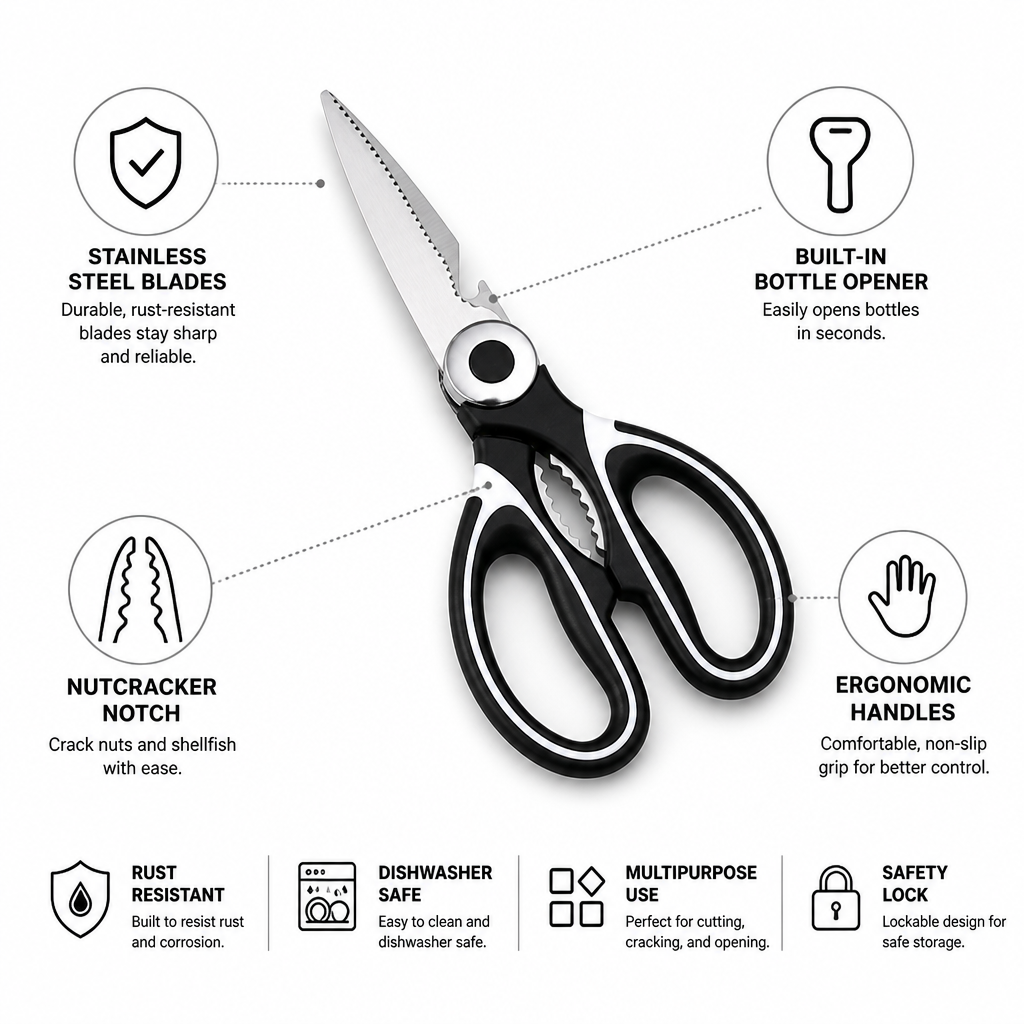 Ergonomic Stainless Steel Multipurpose Kitchen Shears (Bottle Opener & Nutcracker)