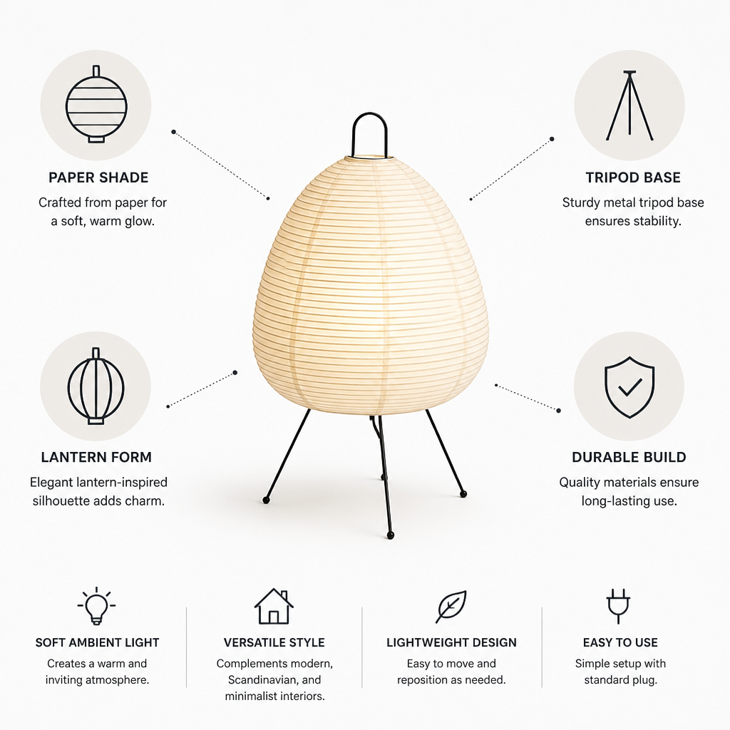 Japanese Paper Shade Table Lamp with Metal Tripod Base (LED)