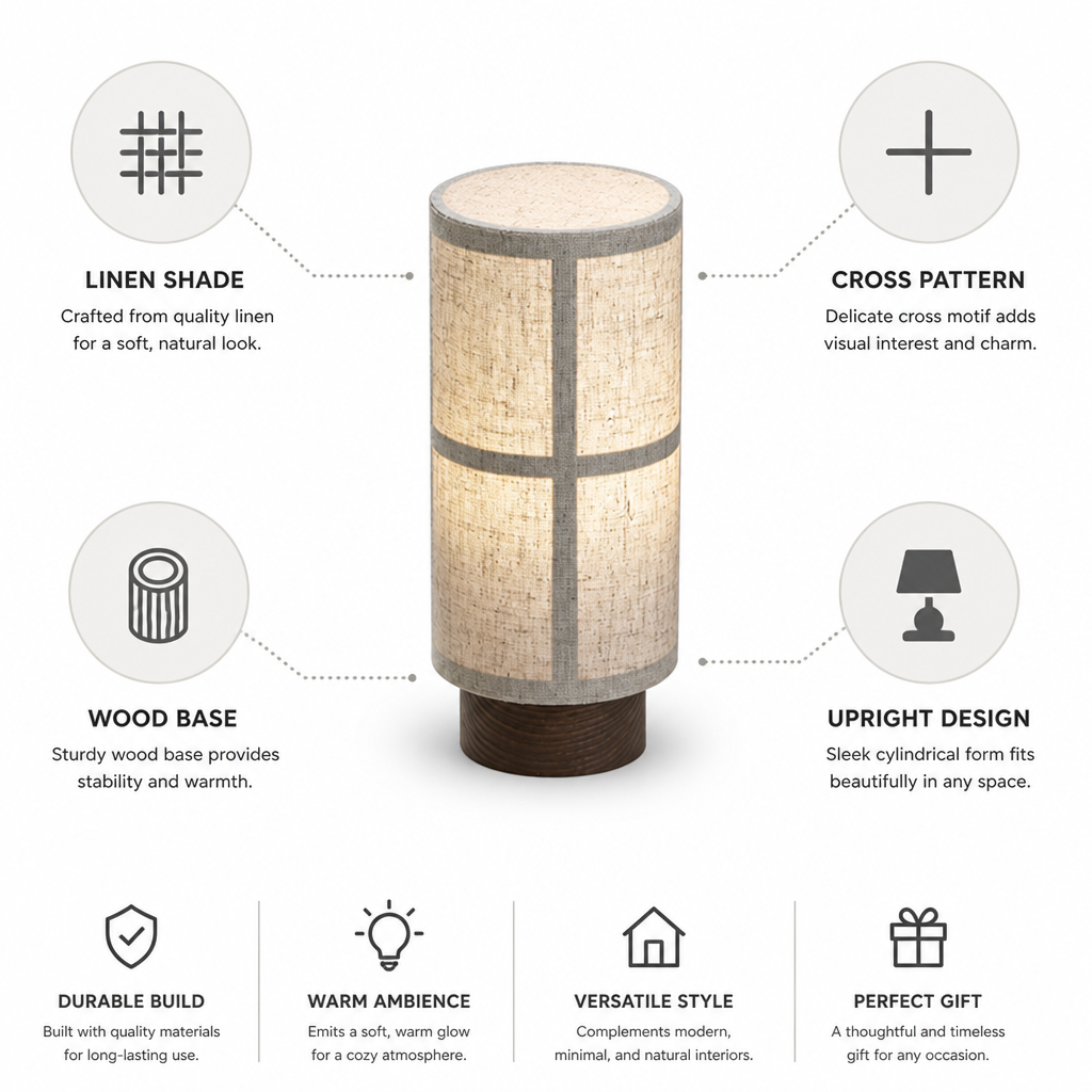 Cross-Pattern Linen Shade & Wood Base Table Lamp