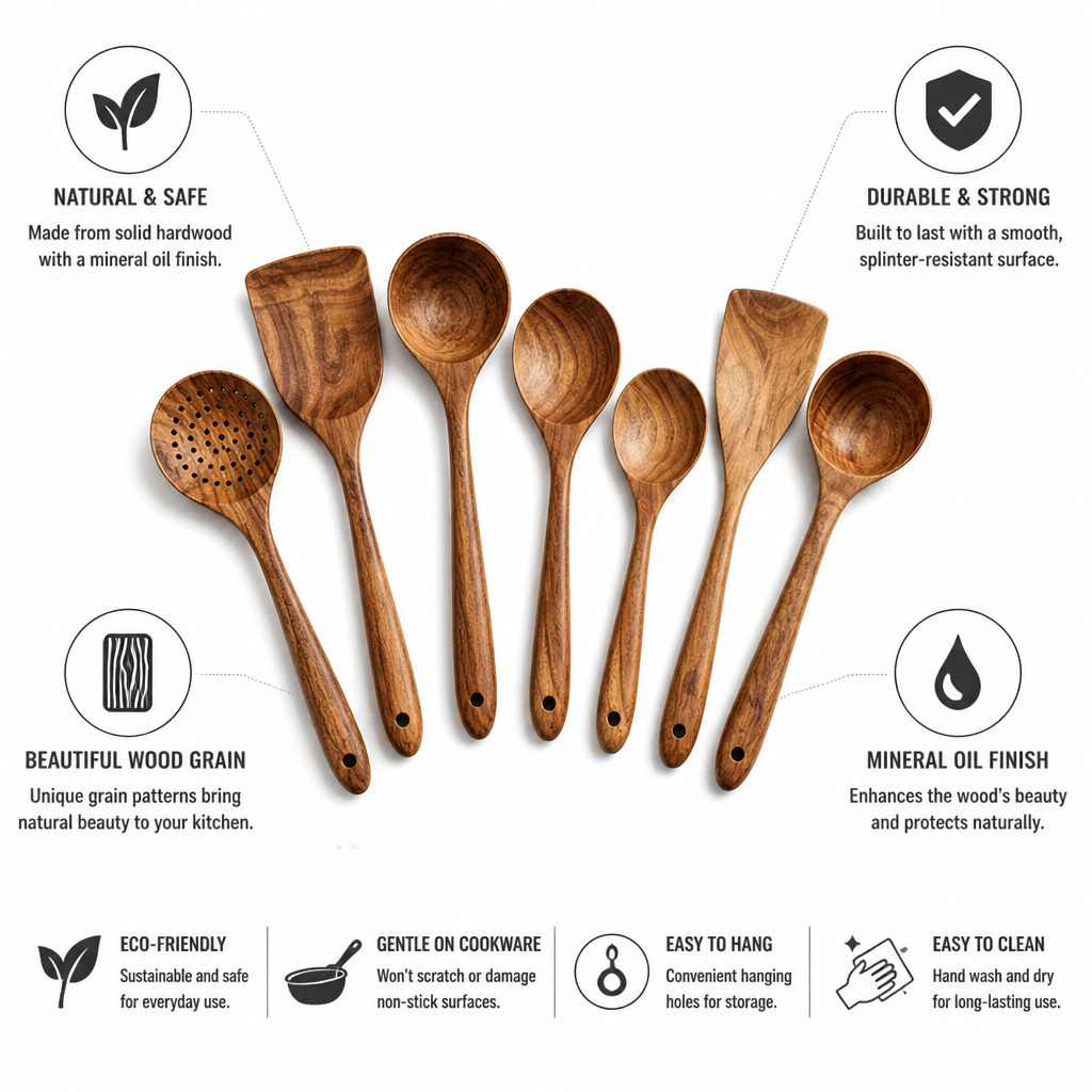 Mineral-Oil Finished Solid Hardwood Utensil Set (7-Piece)