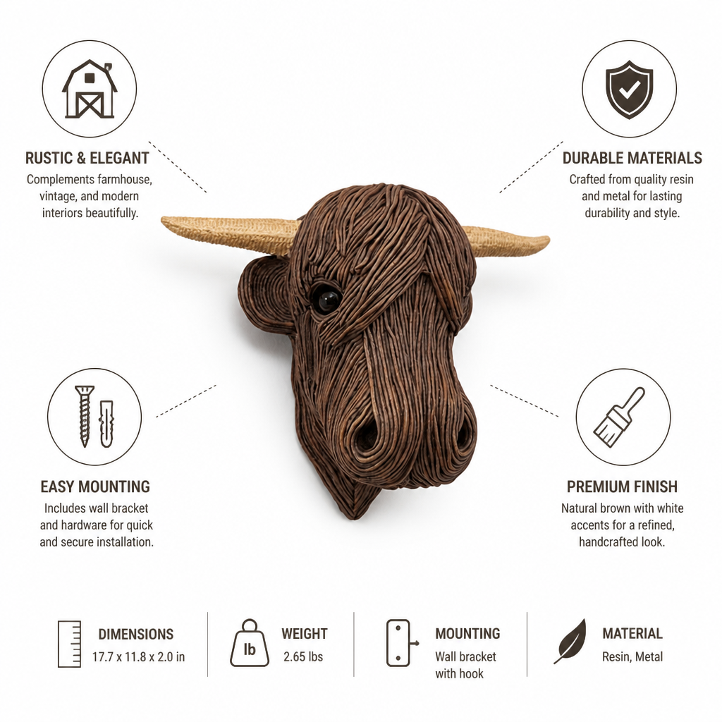 Rustic Farmhouse Resin & Metal Cow Wall Art (Wall Bracket Included)