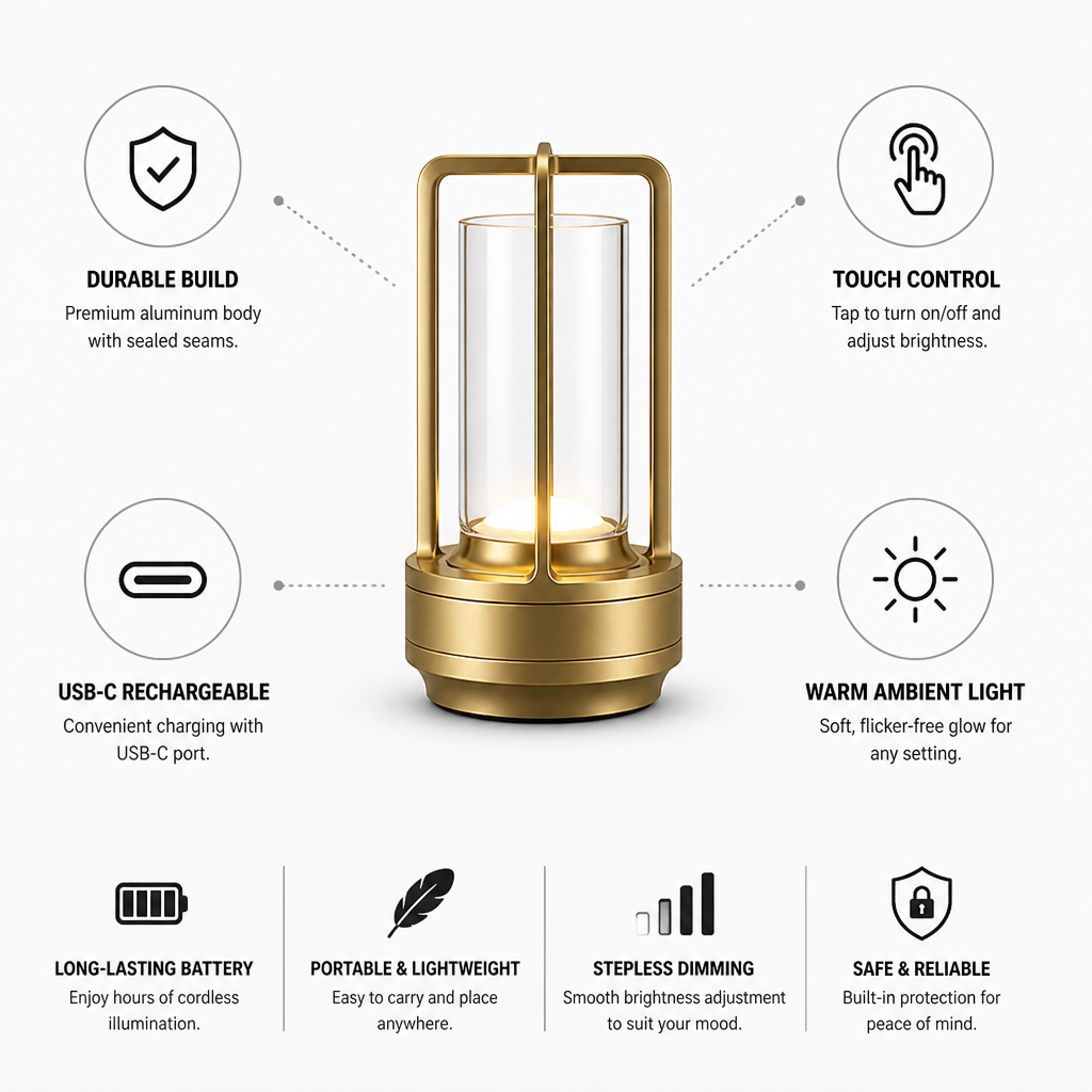 USB-C Rechargeable Aluminum Table Lamp with Touch Control