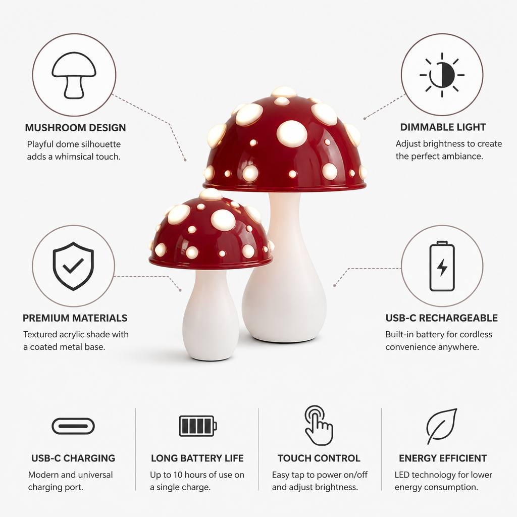 Dimmable LED Mushroom Table Lamp (USB-C Rechargeable)