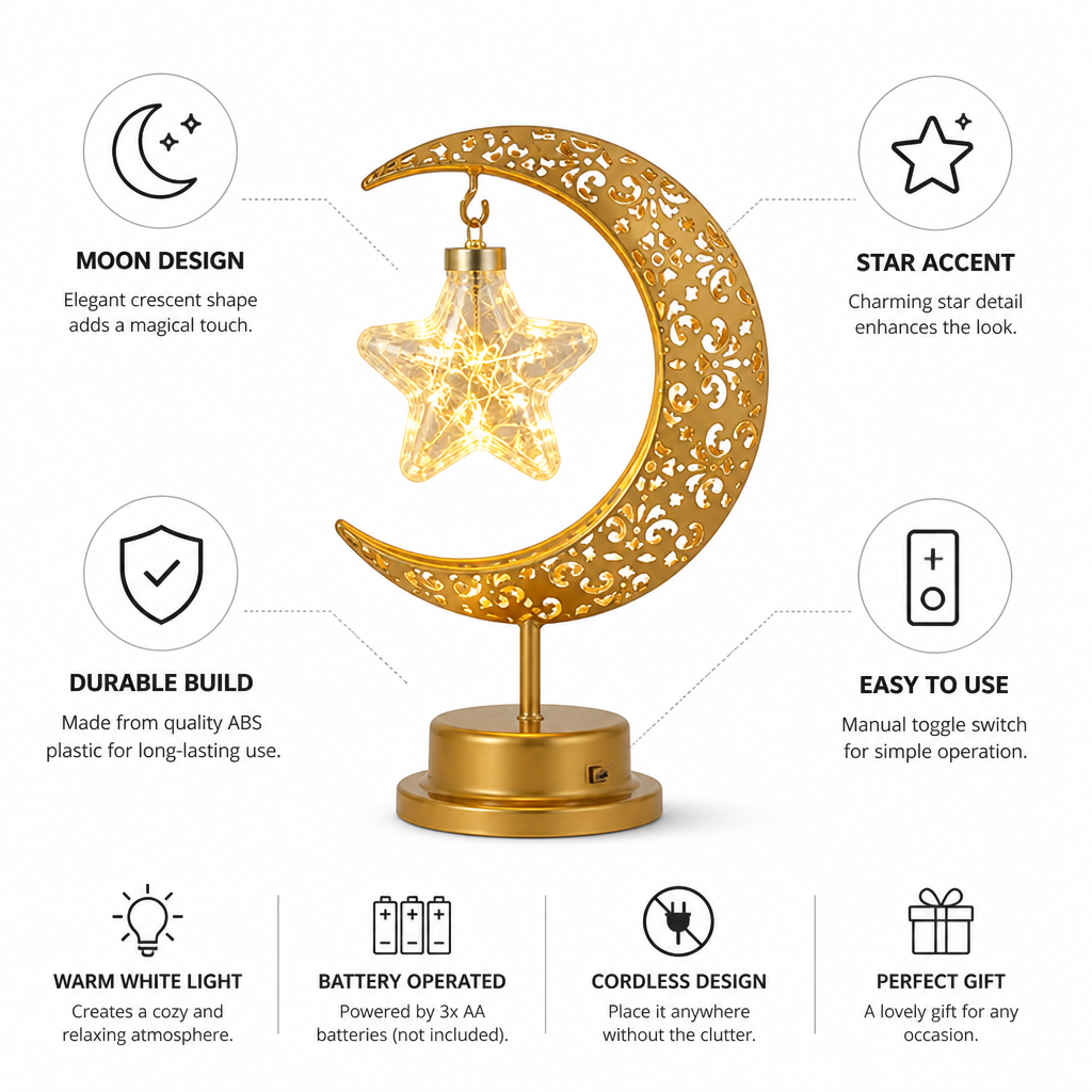 Warm White Crescent Moon & Star Table Lamp