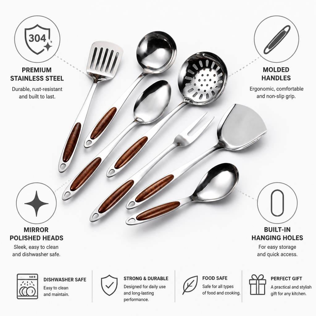 Stainless Steel Heads & Molded Handles Utensil Set (5-Piece)