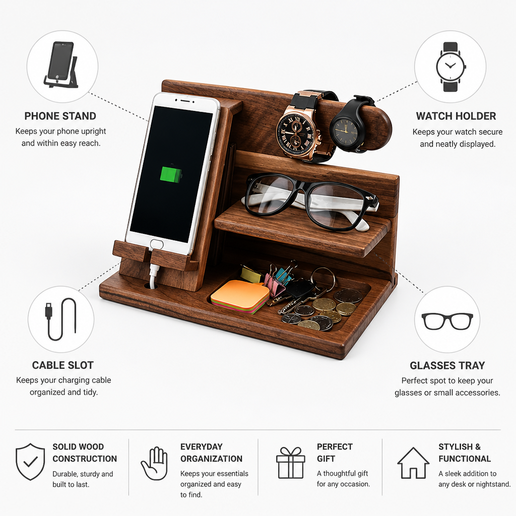 Solid Wood Phone Stand & Watch Dock Desk Organizer (Glasses Tray)
