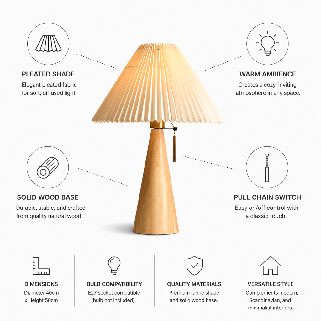 Pleated Fabric Shade & Conical Wood Base Table Lamp (Diameter 40cm x Height 50cm)