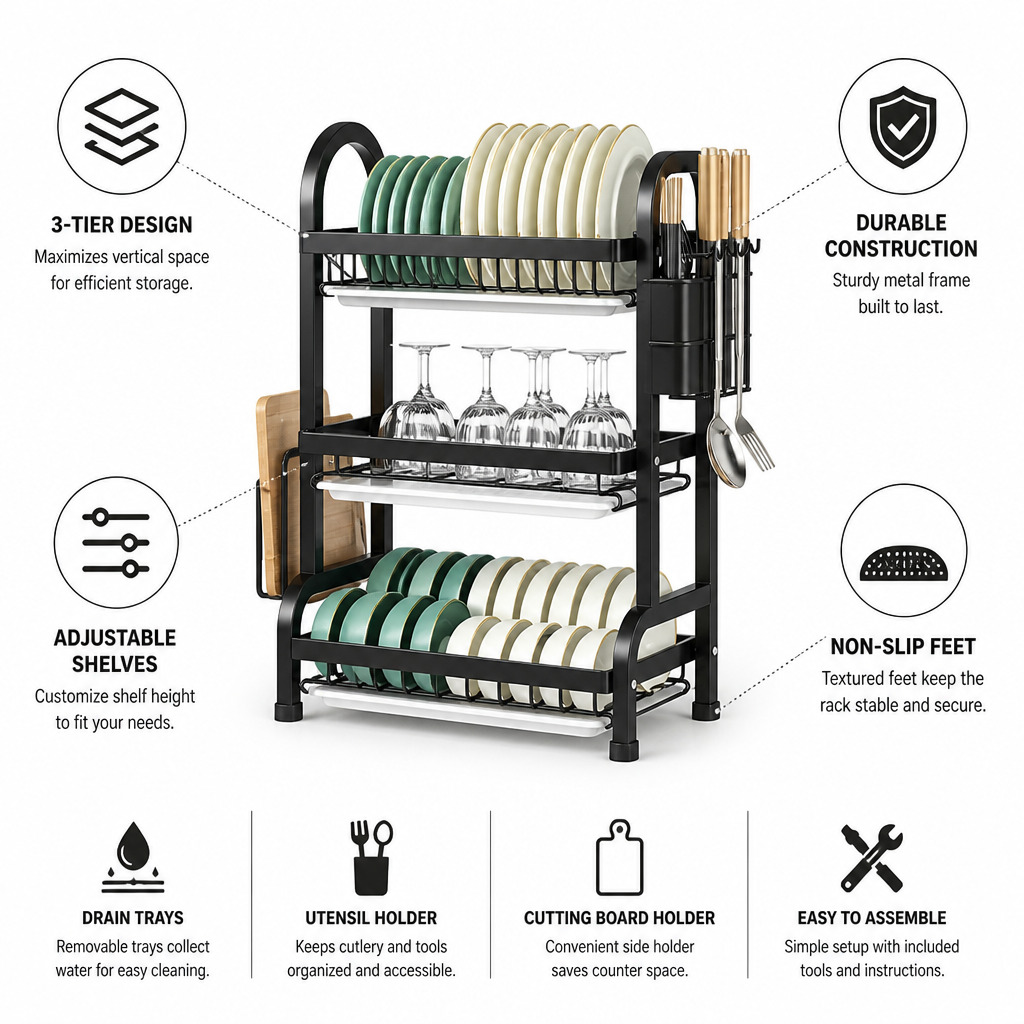 Space-Saving Vertical Metal Dish Rack (3-Tier, Adjustable Shelves)