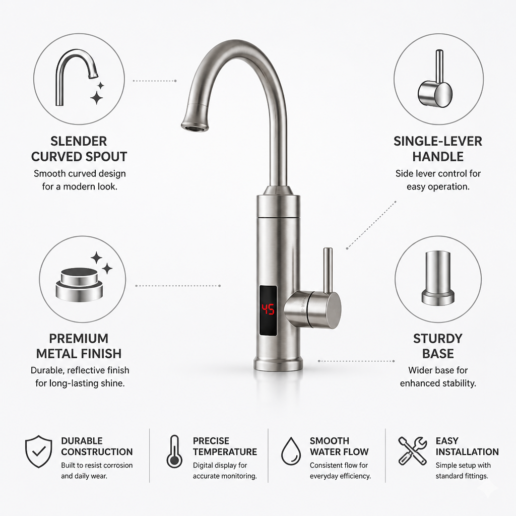 Slender Curved Polished Metal Single-Lever Kitchen Faucet