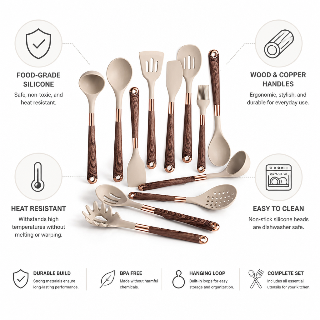 Silicone-Head Utensil Set with Wood & Copper Handles