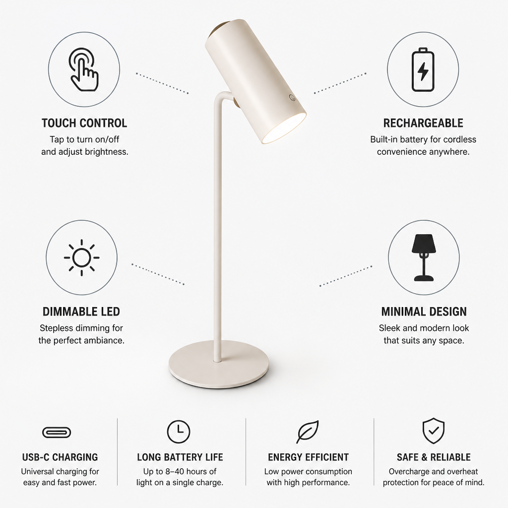 Rechargeable Cordless Touch-Dim LED Table Lamp