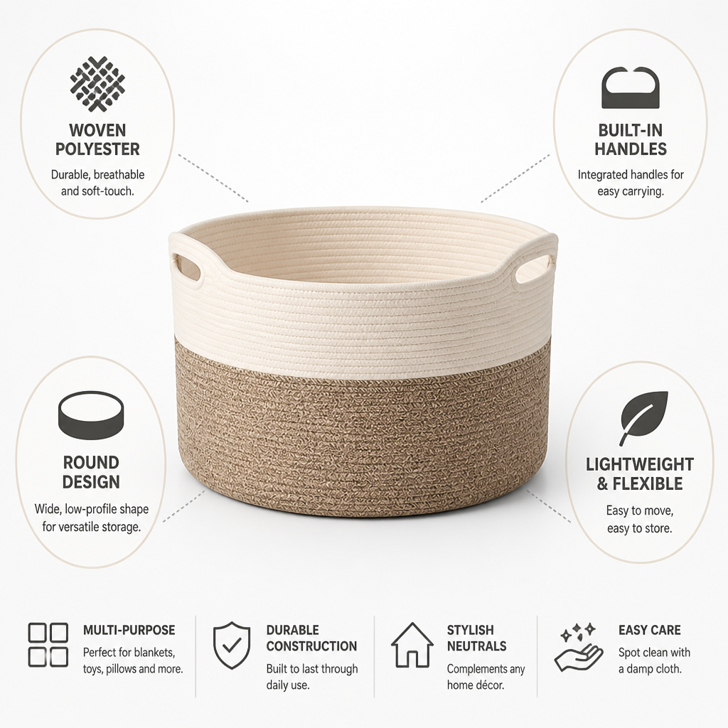 Round Woven Polyester Storage Basket (Built-In Handles)