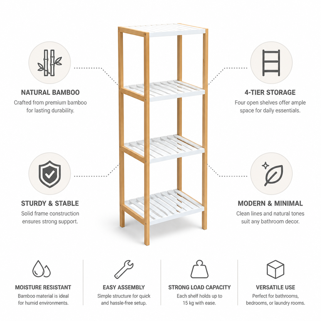 Vertical Bamboo Bathroom Organizer (4-Shelf)