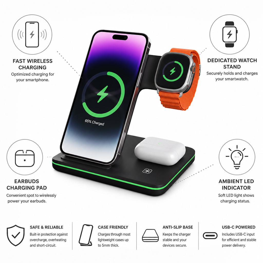 Multi-Device Charging Station (Phone, Smartwatch & Earbuds, 3-in-1)