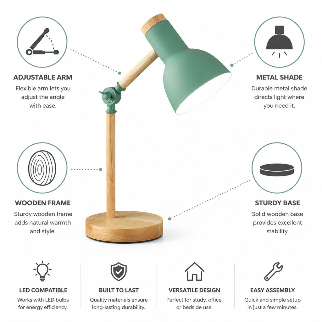 Adjustable Arm Wooden Desk Lamp with Metal Shade