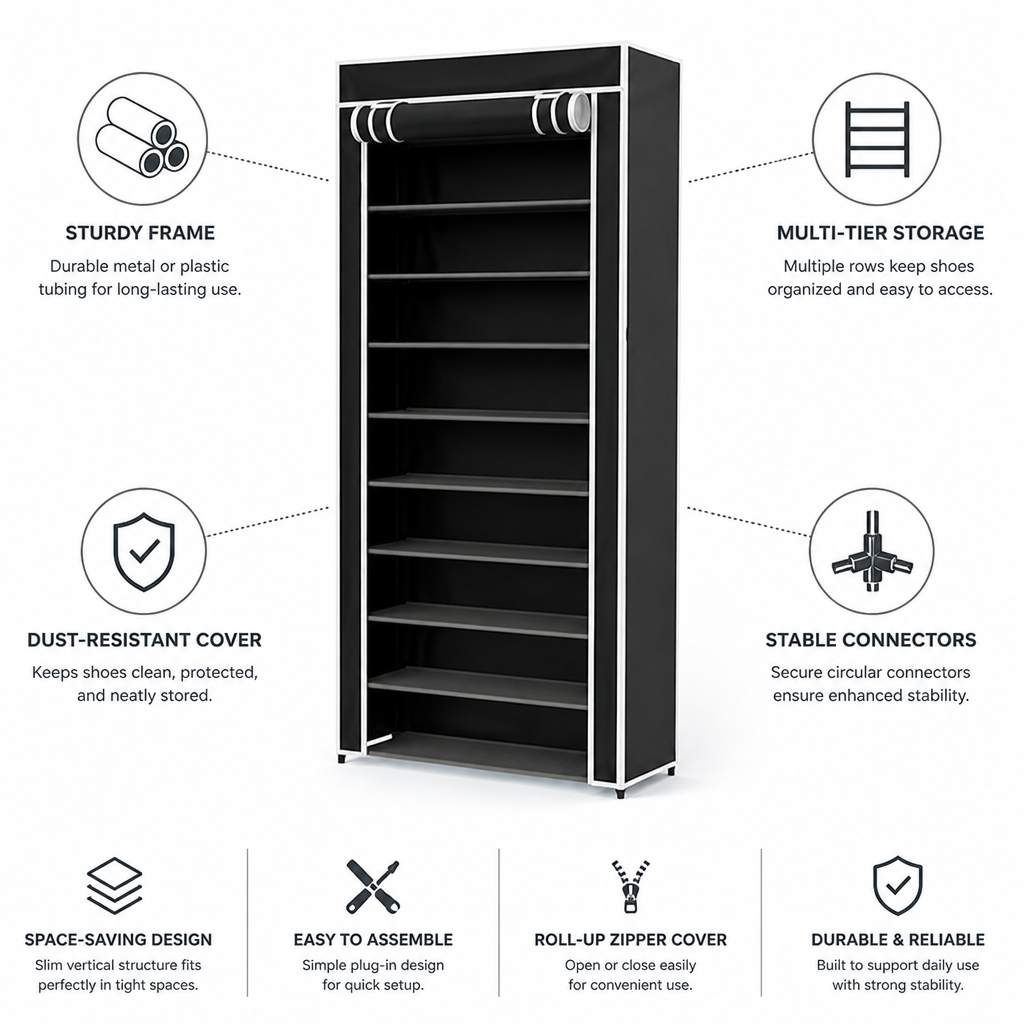 Vertical Space-Saving Shoe Organizer (Holds Up to 30 Pairs, Tool-Free Assembly)