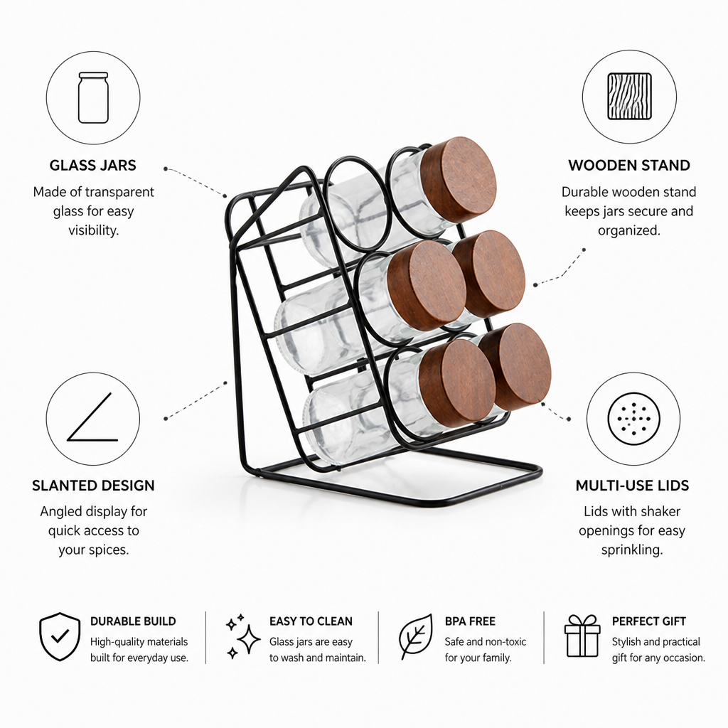 Slanted Wooden Stand Glass Spice Jar Set (Set of 6)