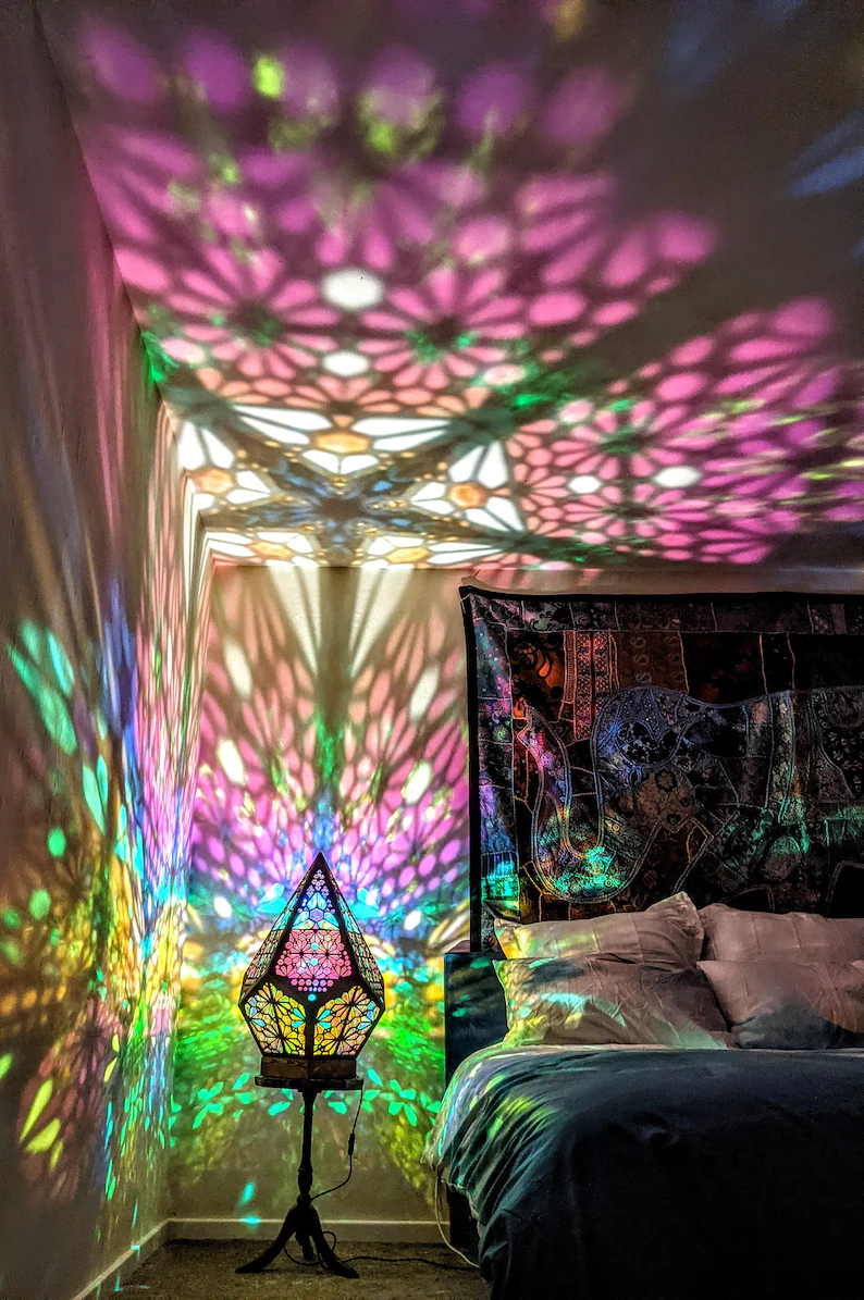 LED Table Lamp with Glass and Leaded Design