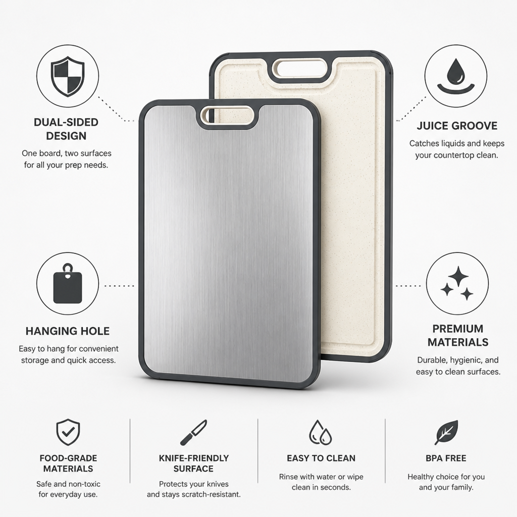 Dual-Sided Metal-Top & Juice-Groove Cutting Board (Hanging Hole)