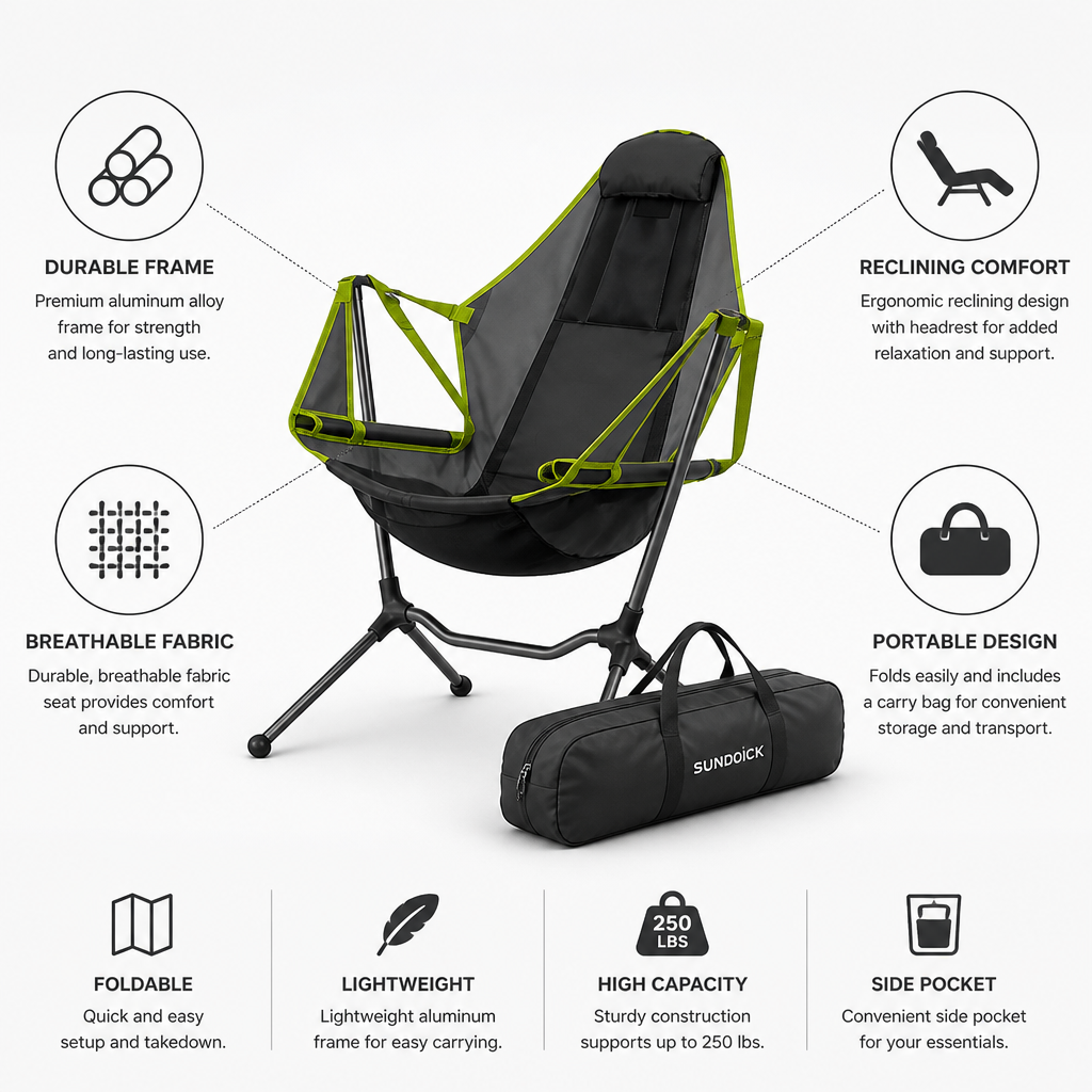 Reclining Outdoor Chair (Folding Frame, Headrest, Carrying Bag)