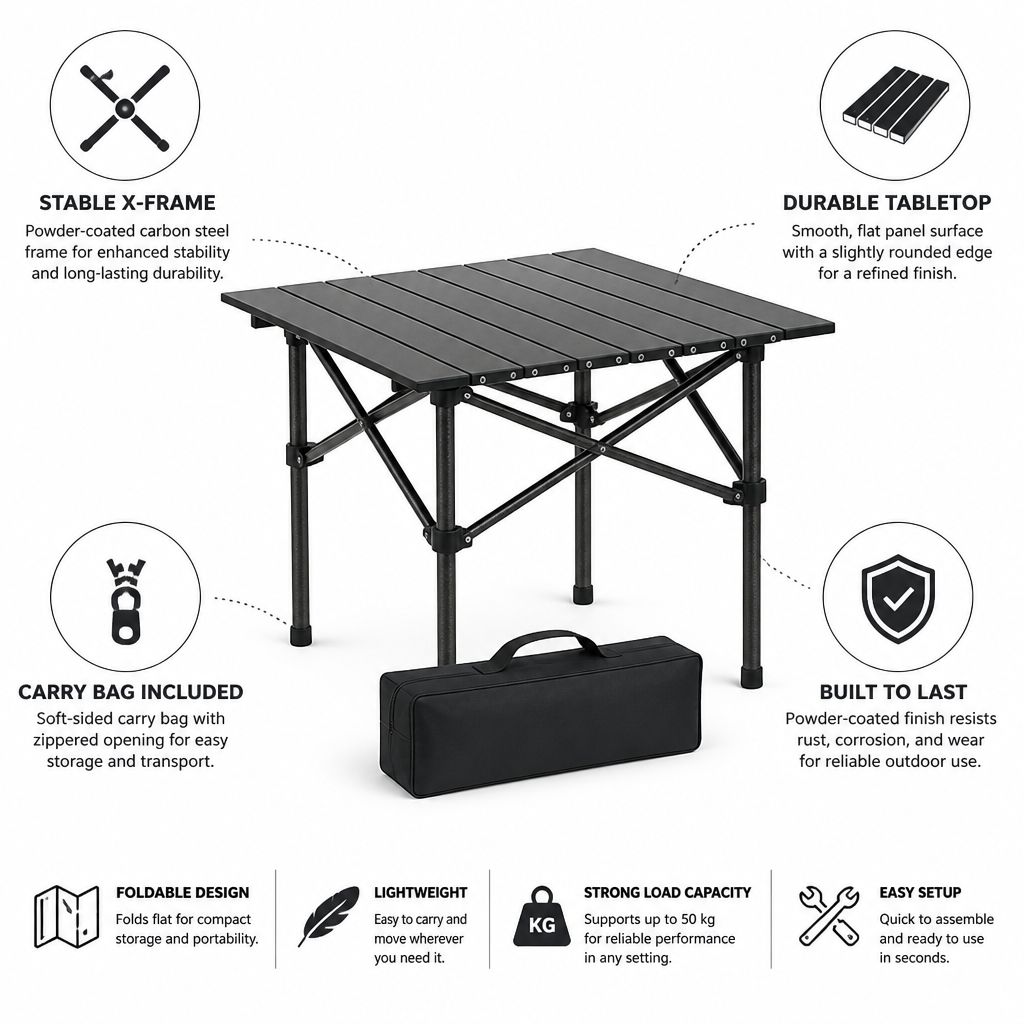 Powder-Coated Carbon Steel X-Frame Camping Folding Table