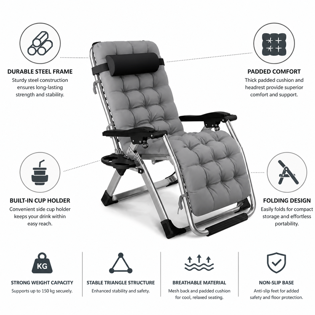 Padded Folding Beach Lounge Chair with Cup Holder
