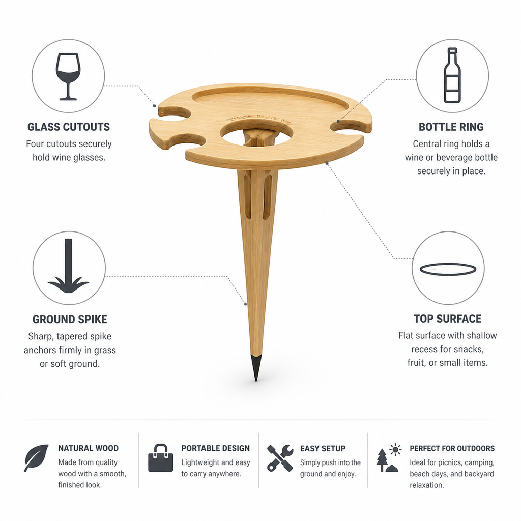 Portable Outdoor Wine and Snack Table (Ground-Spike Base, Wood Top with Glass Cutouts and Bottle Ring)