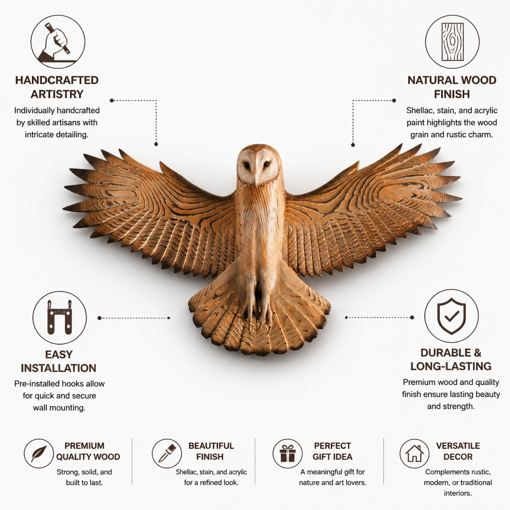 Handcrafted Natural Wood Owl Wall Sculpture (Pre-Installed Hooks)