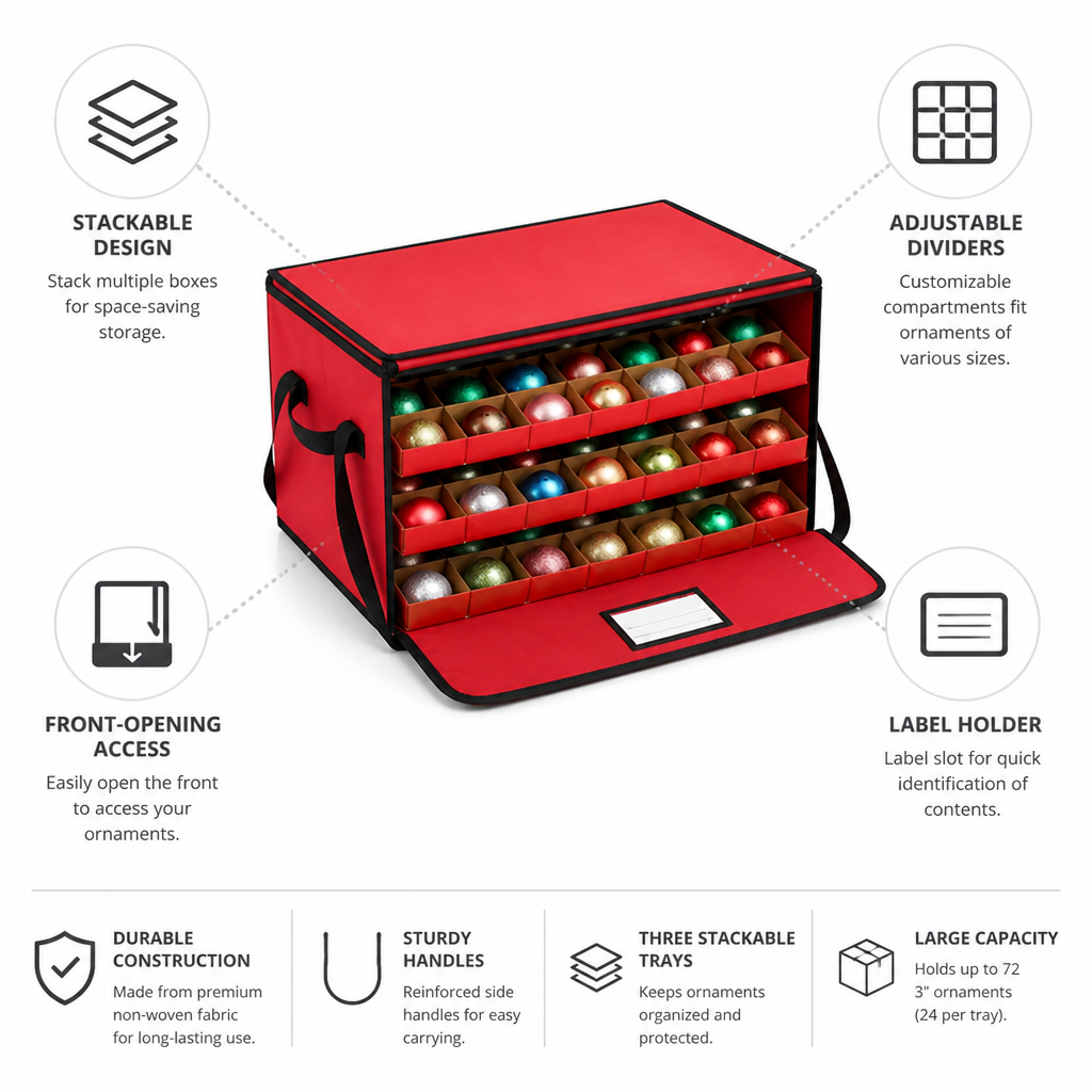 Stackable Front-Opening Ornament Storage Box (Adjustable Dividers)
