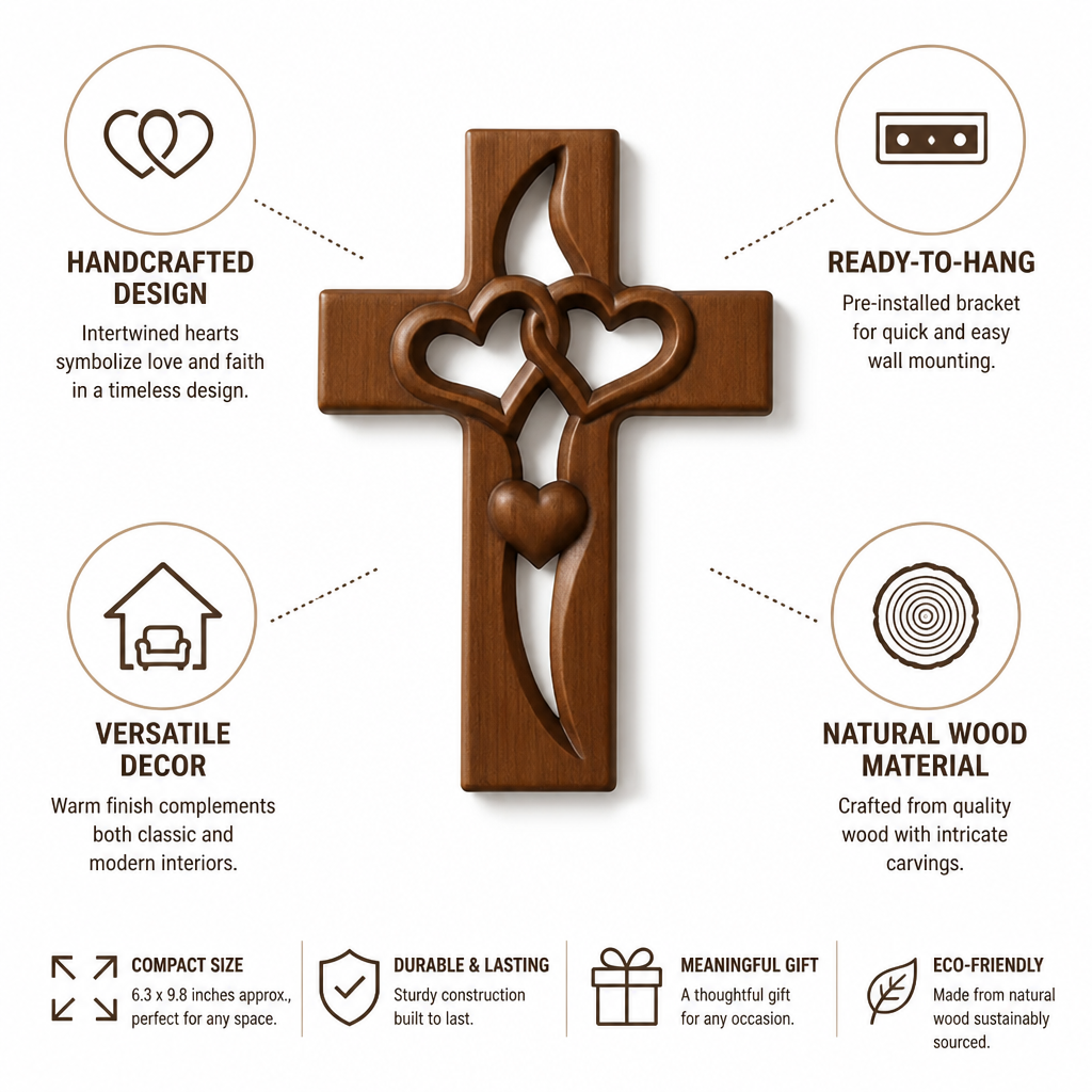 Handcrafted Wood Wall Cross with Intertwined Hearts (Ready-to-Hang)