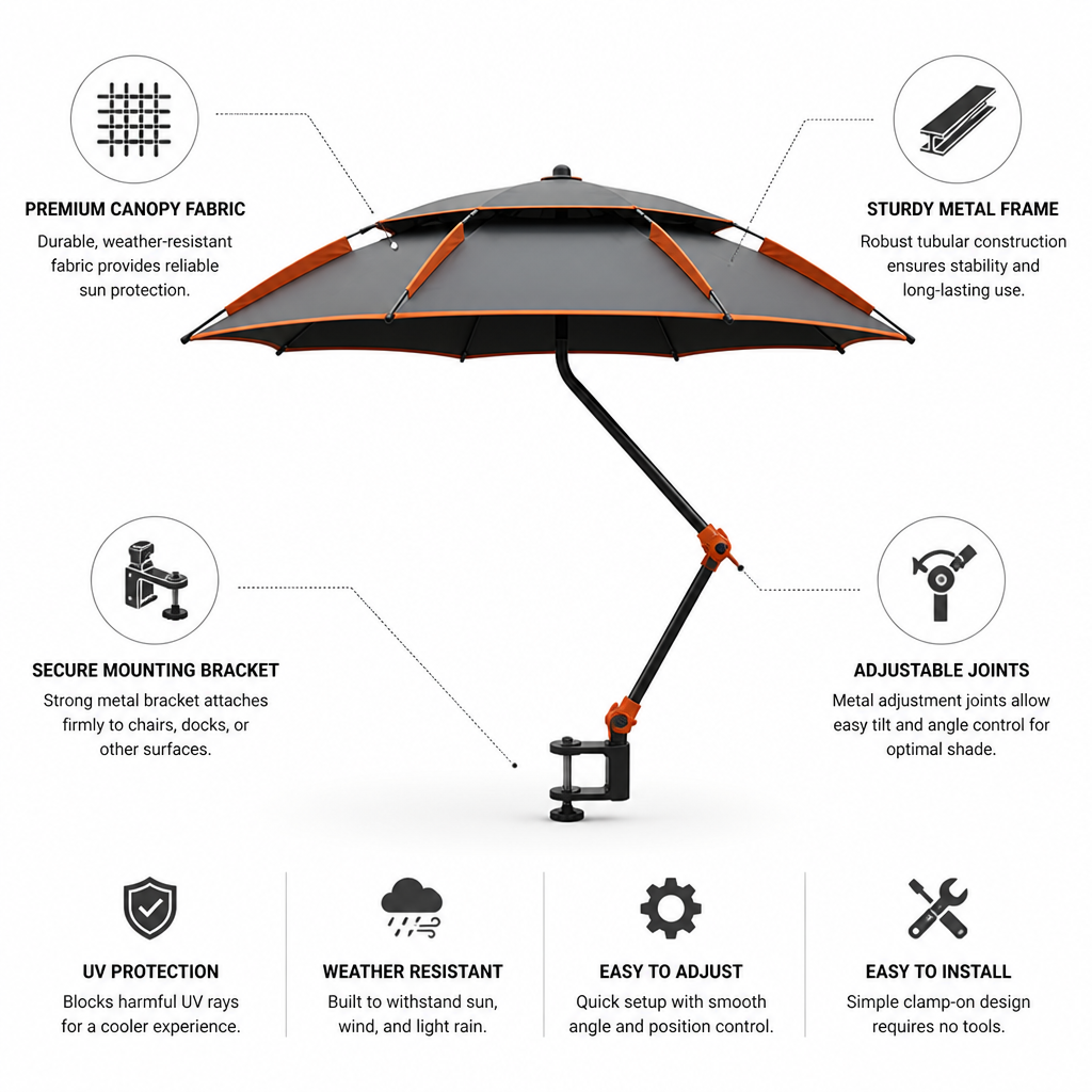 Beach Chair-Mount Tubular Metal Shade Canopy (Adjustable Tilt)