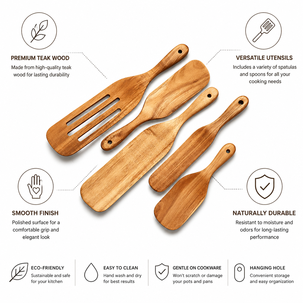 Teak Wood Utensil Set (Set of 4 or 5)