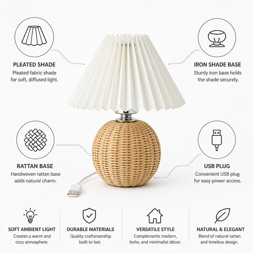 Pleated Fabric Shade & Rattan Base Table Lamp (USB Plug-In)