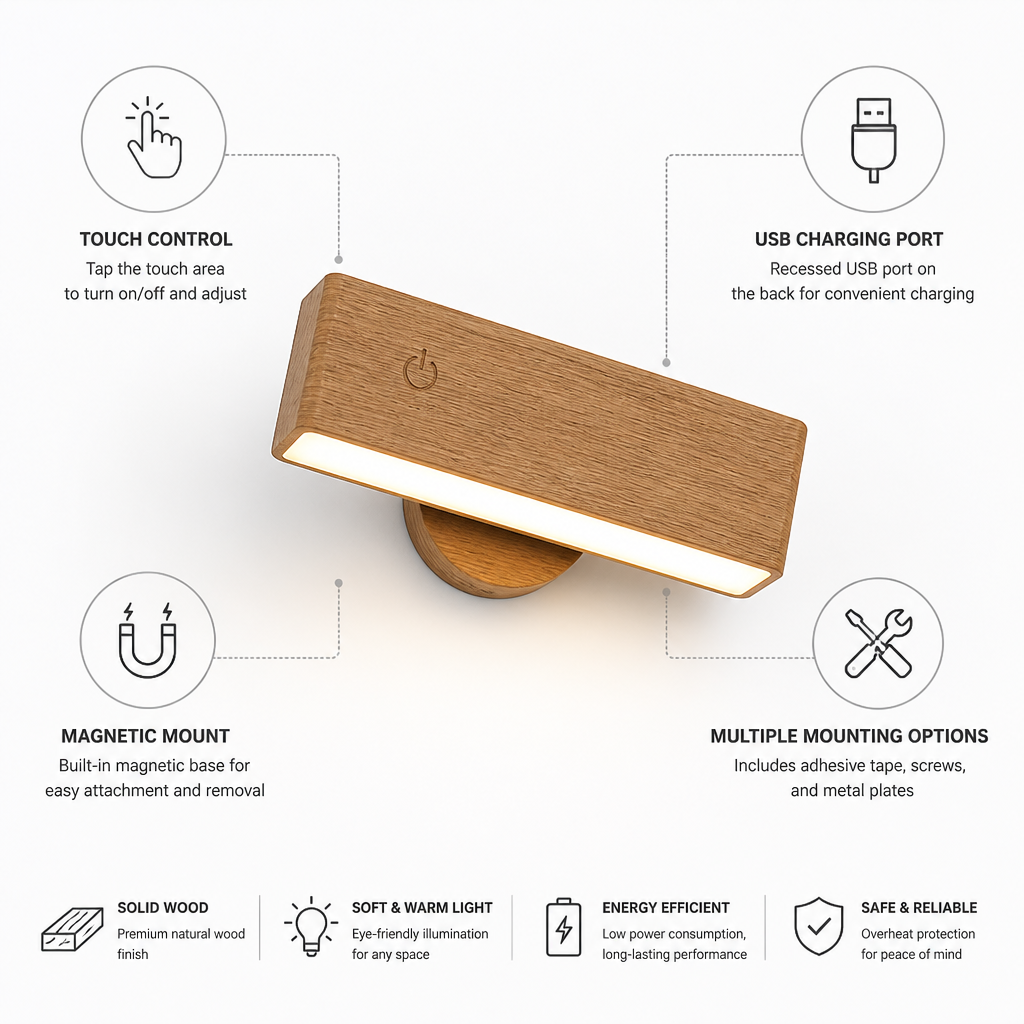 Solid Wood Touch Control Wall Lamp (USB Port)