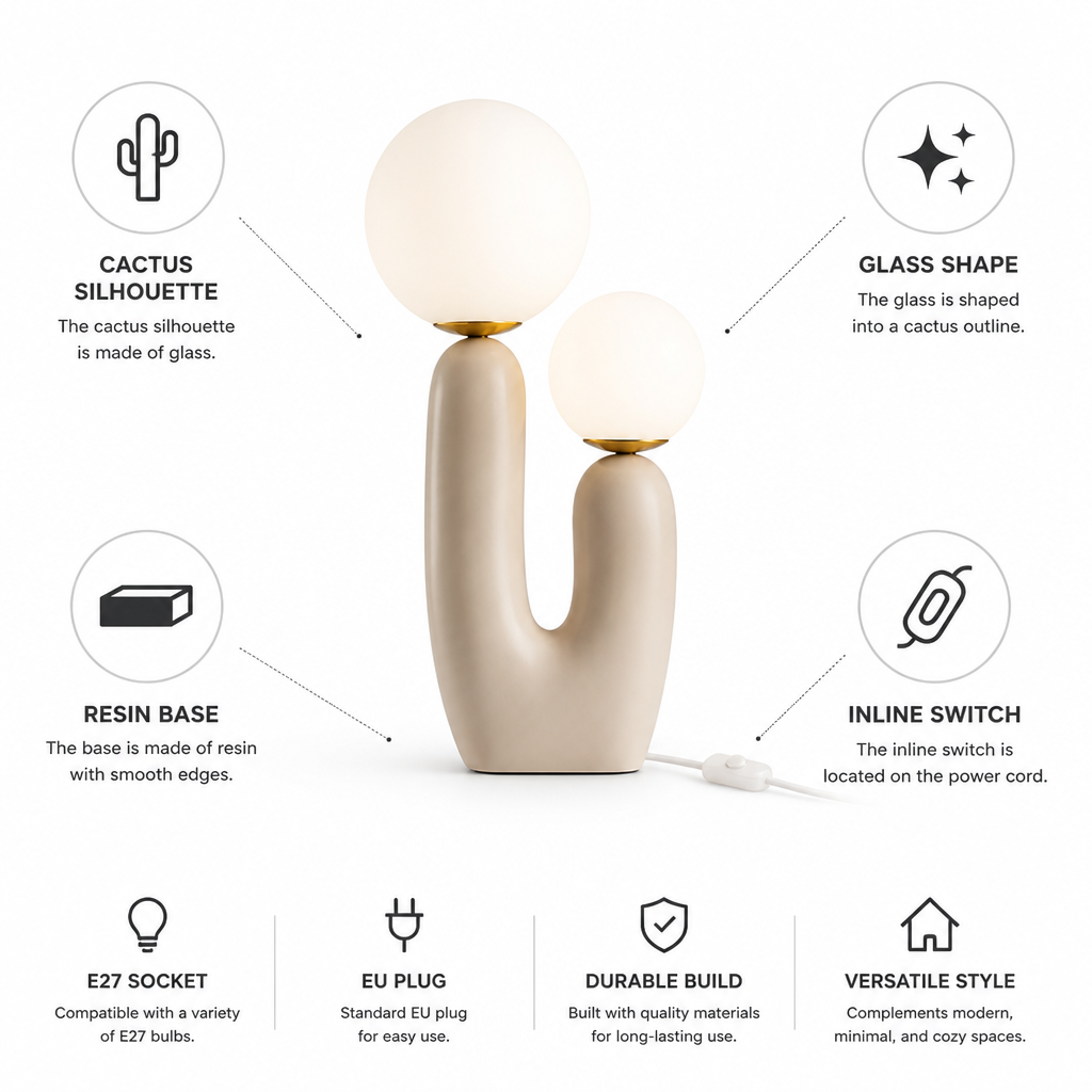 Cactus-Shaped Glass Shade Table Lamp with Resin Base