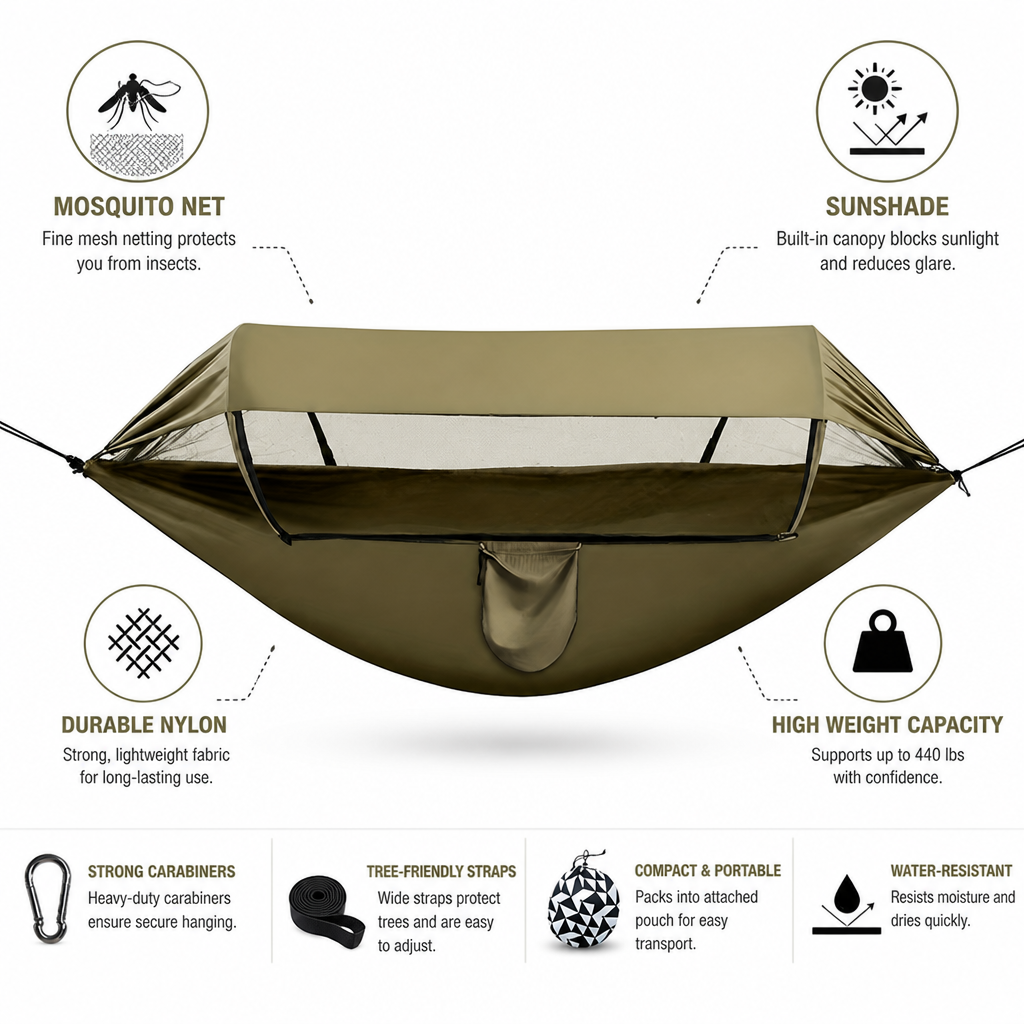 Integrated Mosquito Net & Built-In Sunshade Camping Hammock