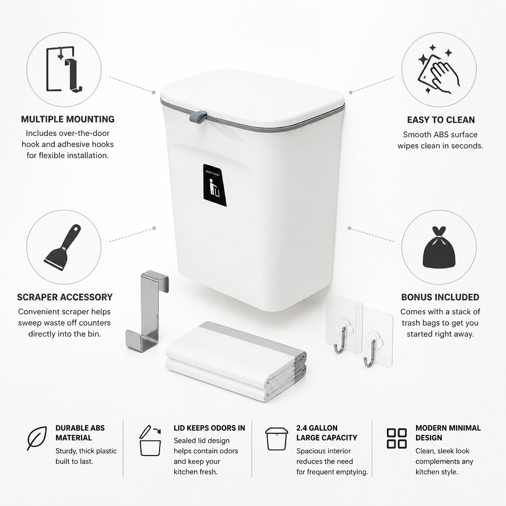 Lidded Over-the-Door & Adhesive-Mount Kitchen Waste Collector (Includes Scraper & Bags)