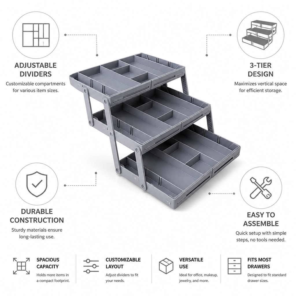 3-Tier Modular Drawer Organizer with Adjustable Dividers