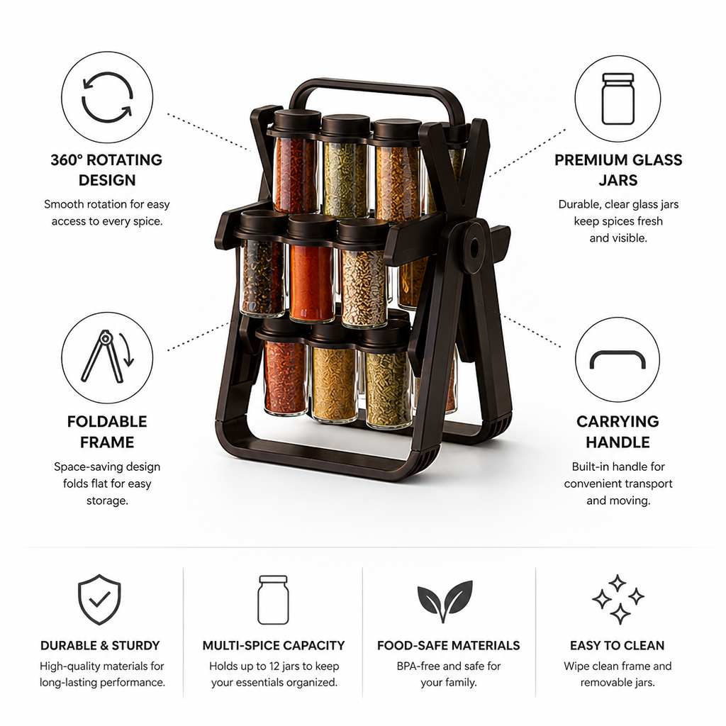 Foldable Rotating Spice Organizer with Glass Jars