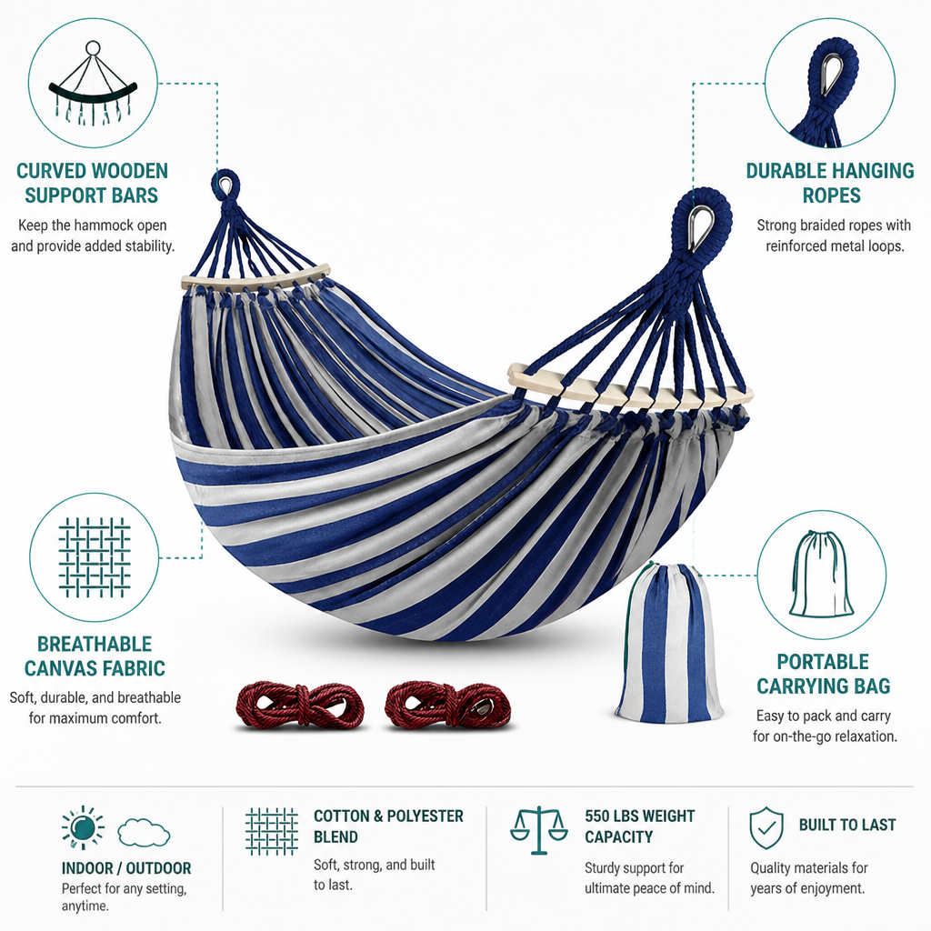 Canvas Camping Hammock with Curved Wooden Spread Bars