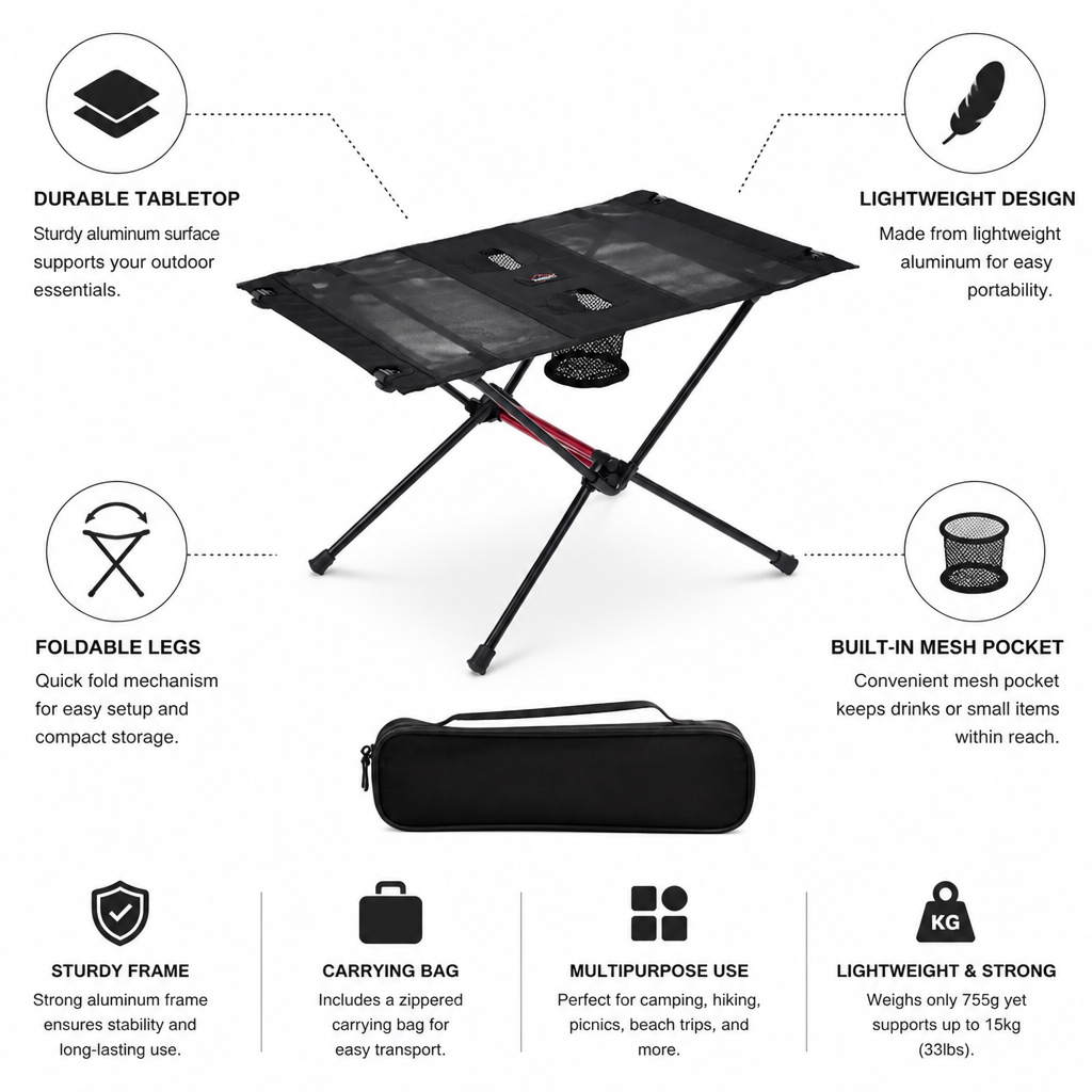 Foldable Rectangular Aluminum Camping Table (Carrying Bag Included)