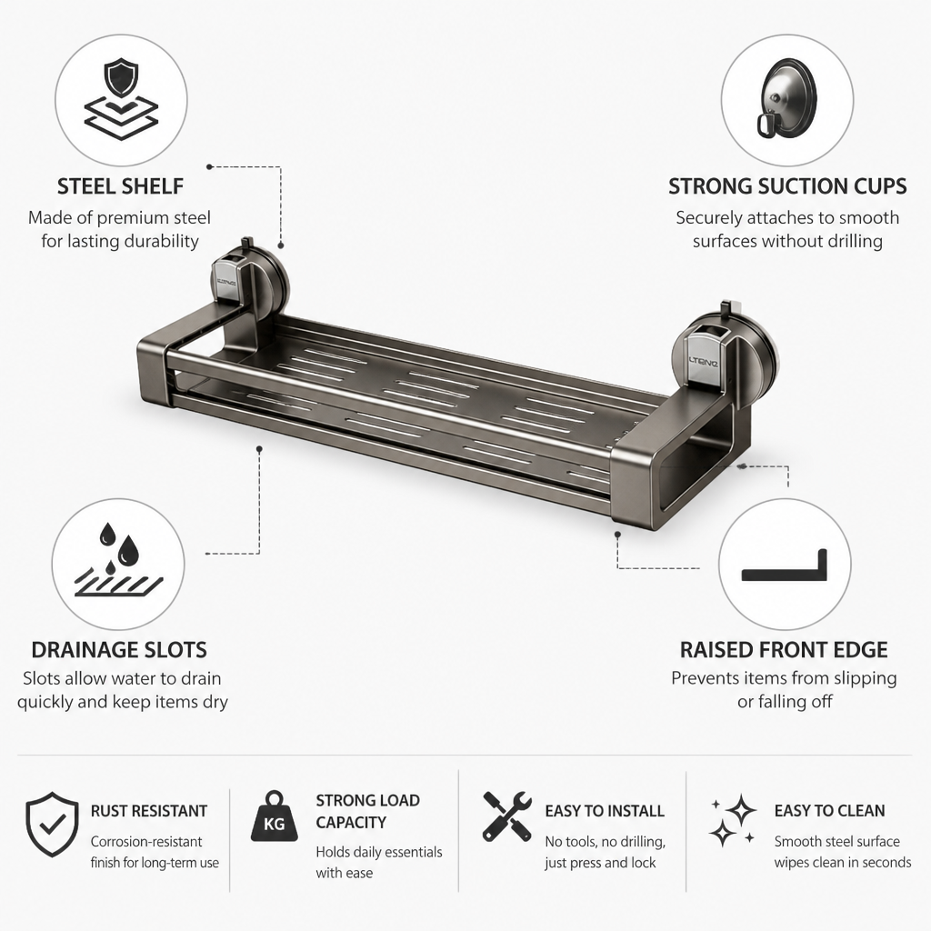 Steel Suction-Cup Bathroom Organizer Shelf (30 cm)