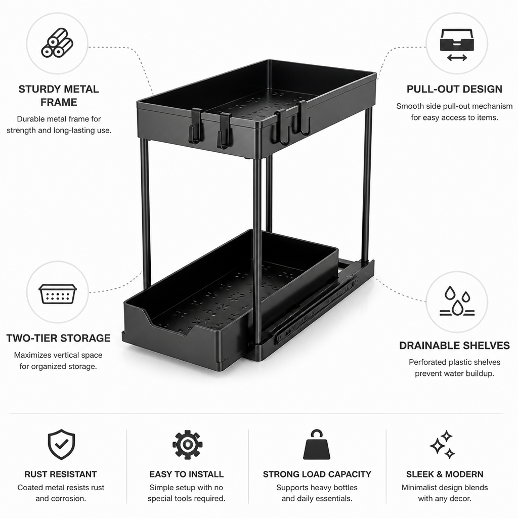 Two-Tier Metal Frame Cabinet Pull-Out Organizer